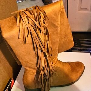 Stylish Tan Fringe Heeled Boots Slightly Worn